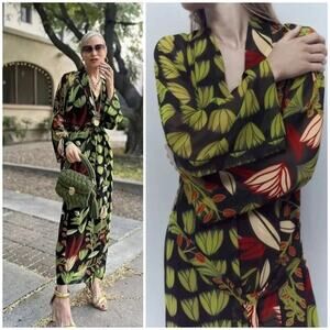 Zara Long Bird of Paradise Leaf Print Belted Chiffon Duster XS Bloggers Favorite
